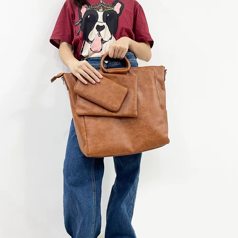 Factory Wholesale PU Leather Bag Set Large Tote with Small Pouch